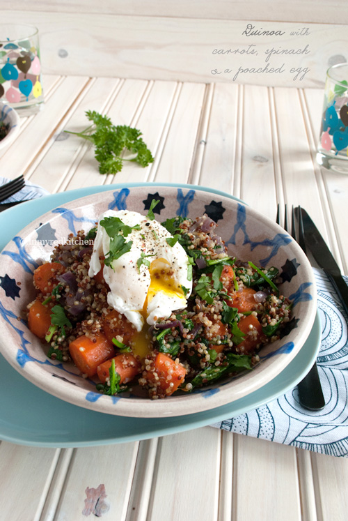 Quinoa with braised carrots, spinach and a poached egg | in my Red Kitchen