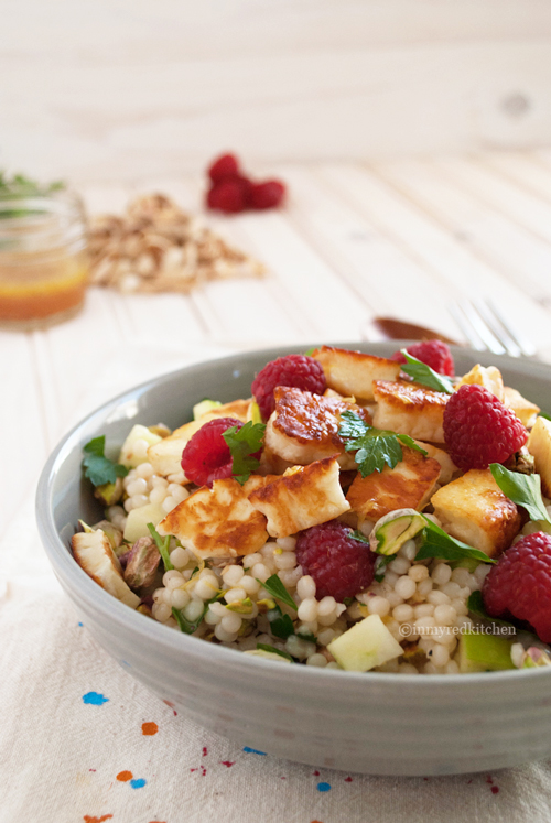 Israeli couscous salad with raspberries and halloumi | in my Red Kitchen