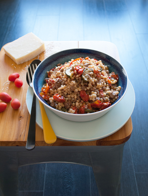 Couscous with tomatoes, zucchini and ground beef. A delicious kitchen sink meal! | by 'in my Red Kitchen'